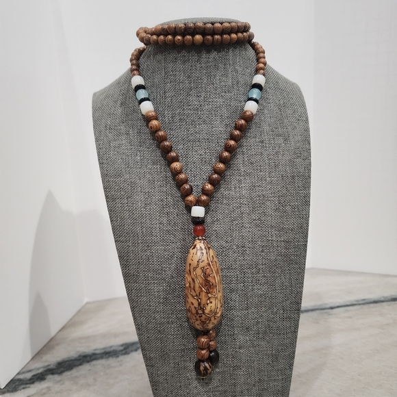 Vintage Handmade Necklace Nepal Buddhist Mala Wood Beads Pendant & Necklace - Picture 2 of 7